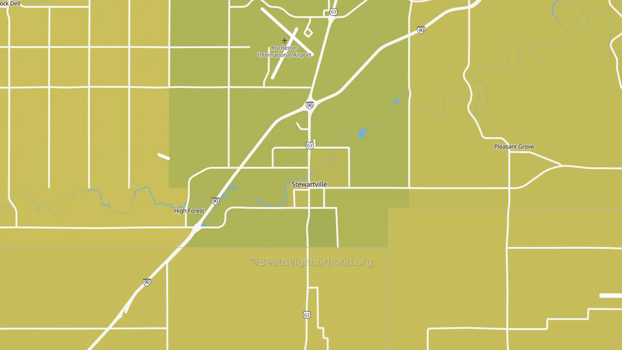 Map of the best neighborhoods in the 55976 area, with better matches in green and worse matches in red