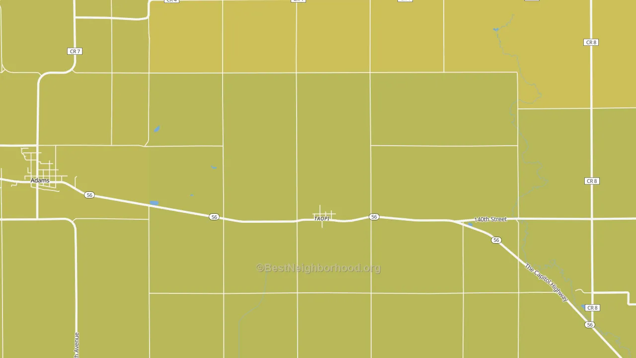 Map of the best neighborhoods in the 55977 area, with better matches in green and worse matches in red