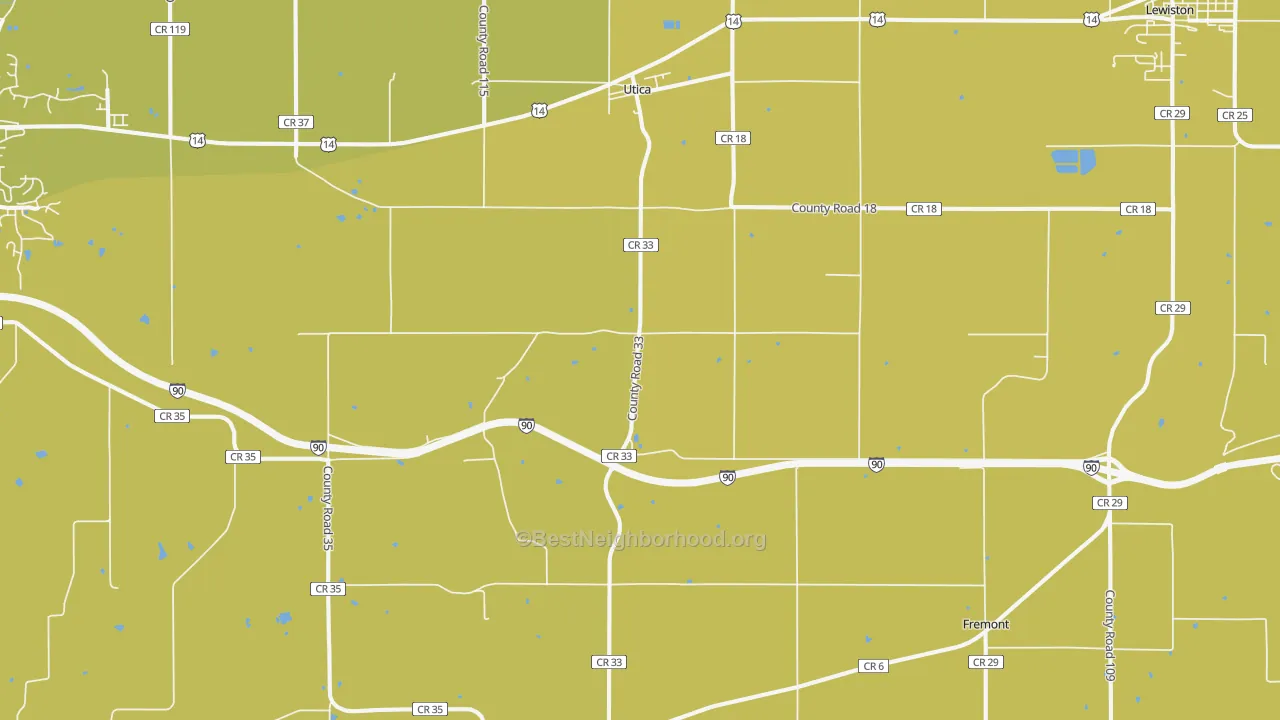 Map of the best neighborhoods in the 55979 area, with better matches in green and worse matches in red