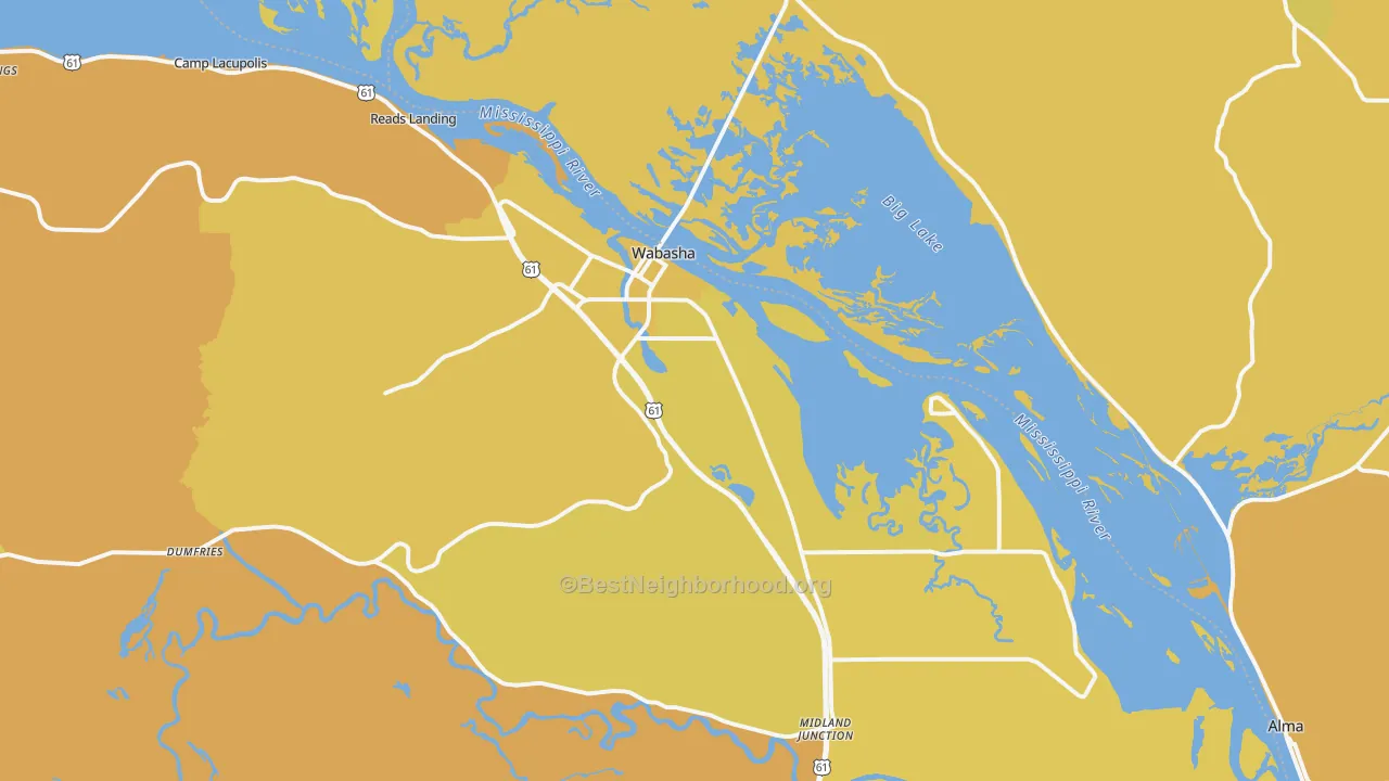 Map of the best neighborhoods in the 55981 area, with better matches in green and worse matches in red