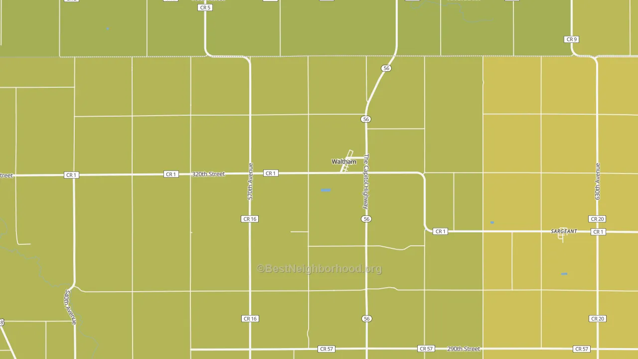 Map of the best neighborhoods in the 55982 area, with better matches in green and worse matches in red