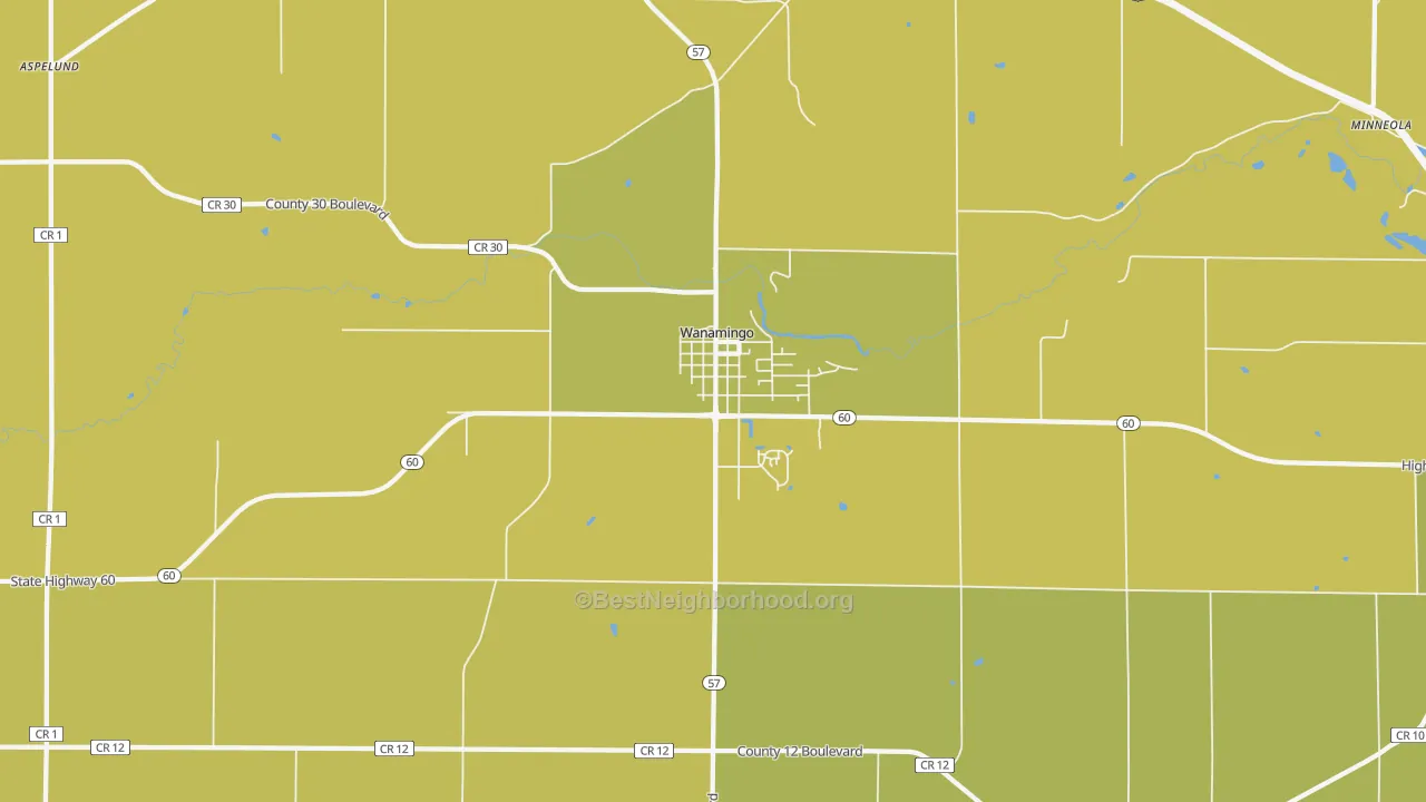 Map of the best neighborhoods in the 55983 area, with better matches in green and worse matches in red