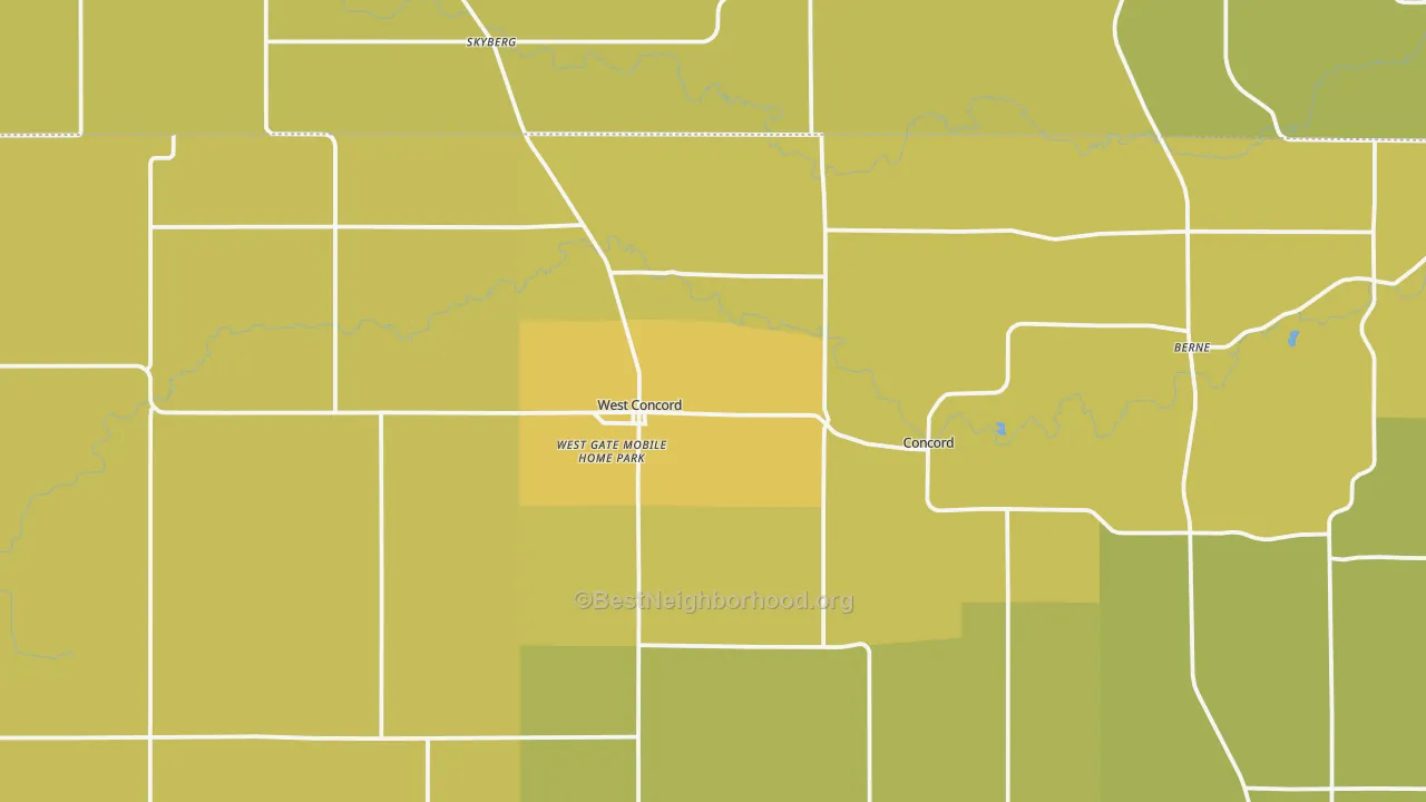 Map of the best neighborhoods in the 55985 area, with better matches in green and worse matches in red