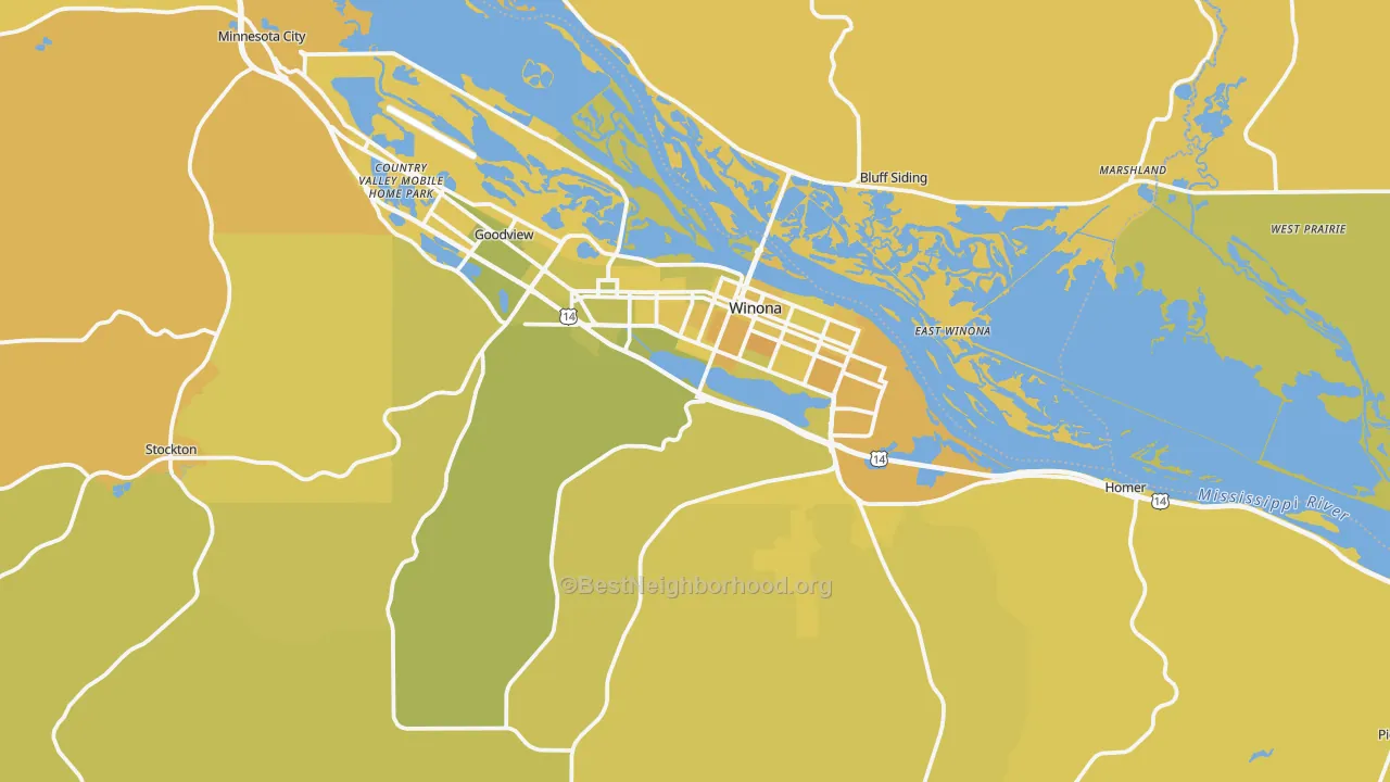 Map of the best neighborhoods in the 55987 area, with better matches in green and worse matches in red