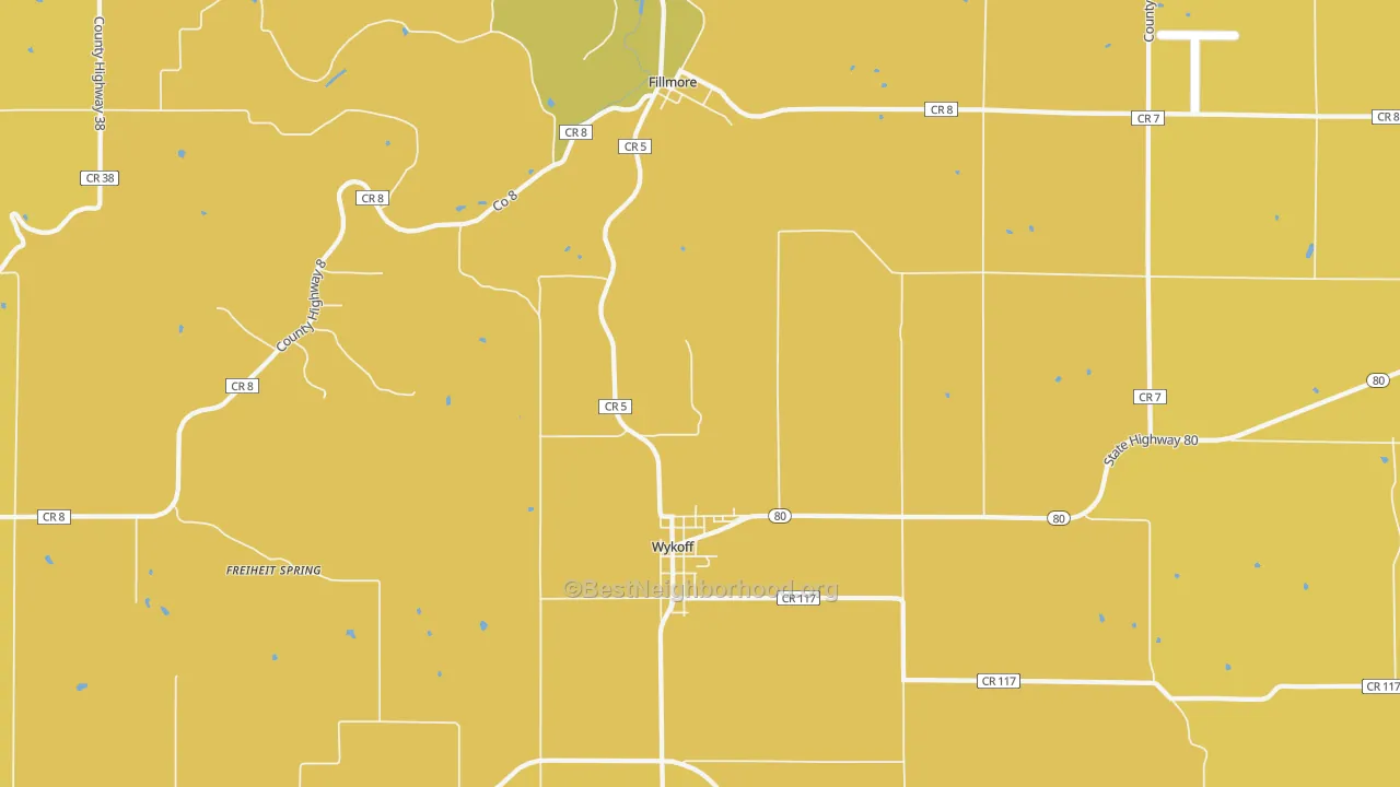 Map of the best neighborhoods in the 55990 area, with better matches in green and worse matches in red