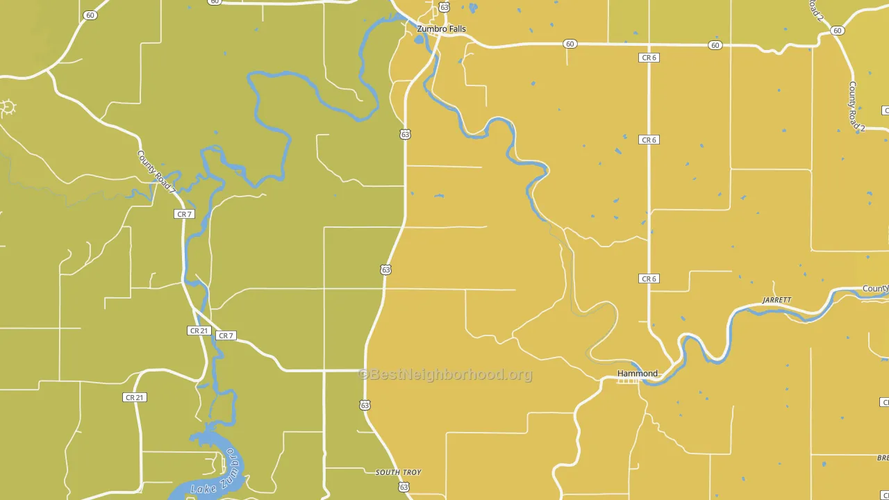 Map of the best neighborhoods in the 55991 area, with better matches in green and worse matches in red