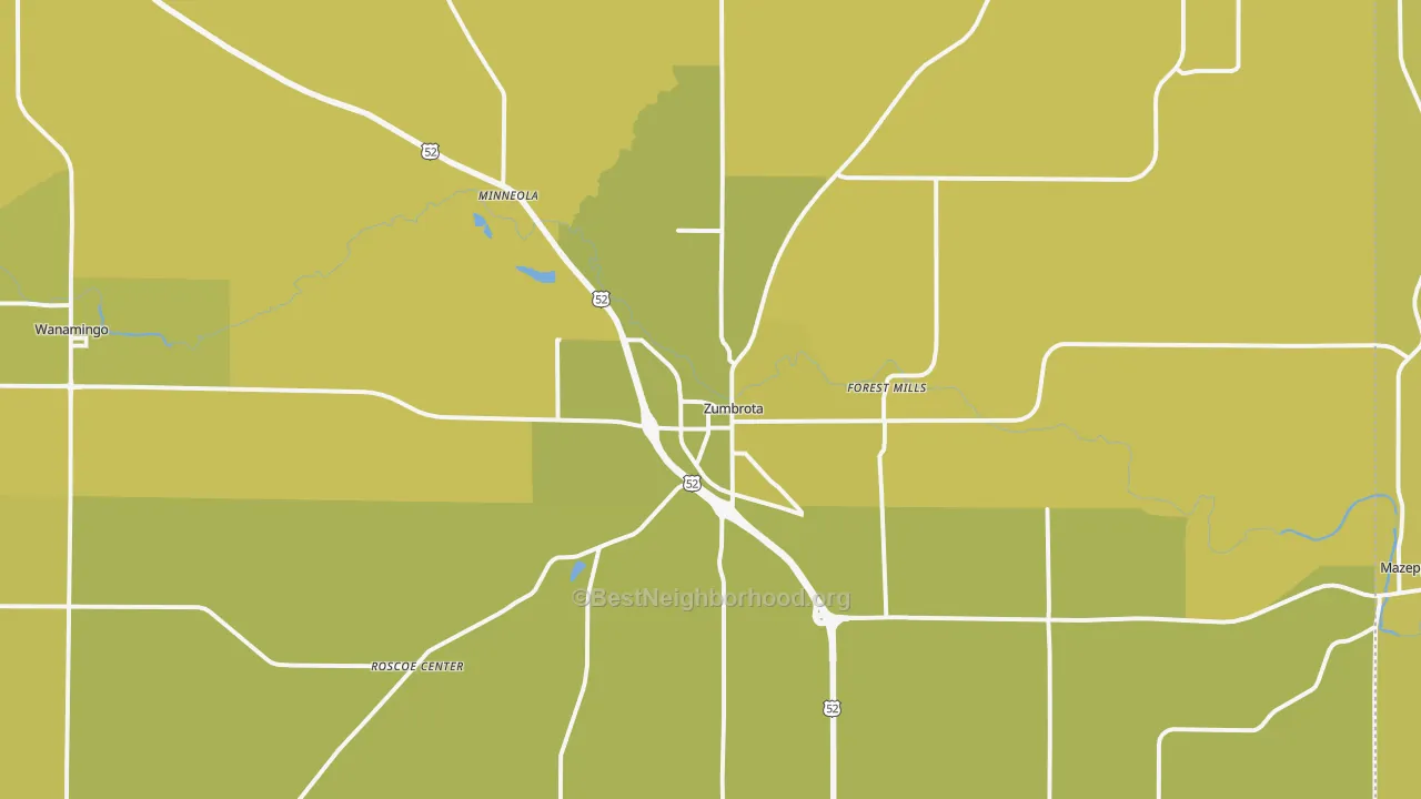 Map of the best neighborhoods in the 55992 area, with better matches in green and worse matches in red