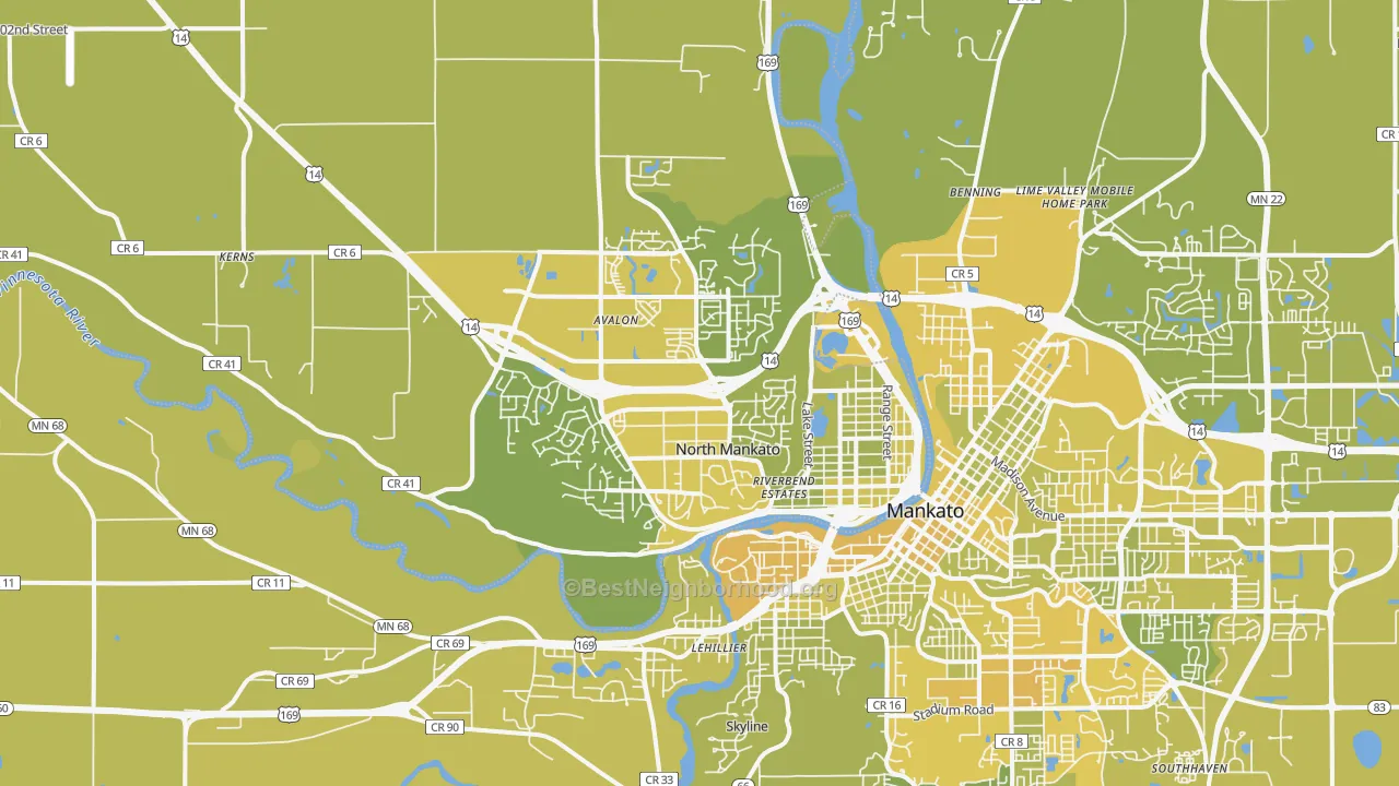 Map of the best neighborhoods in the 56003 area, with better matches in green and worse matches in red