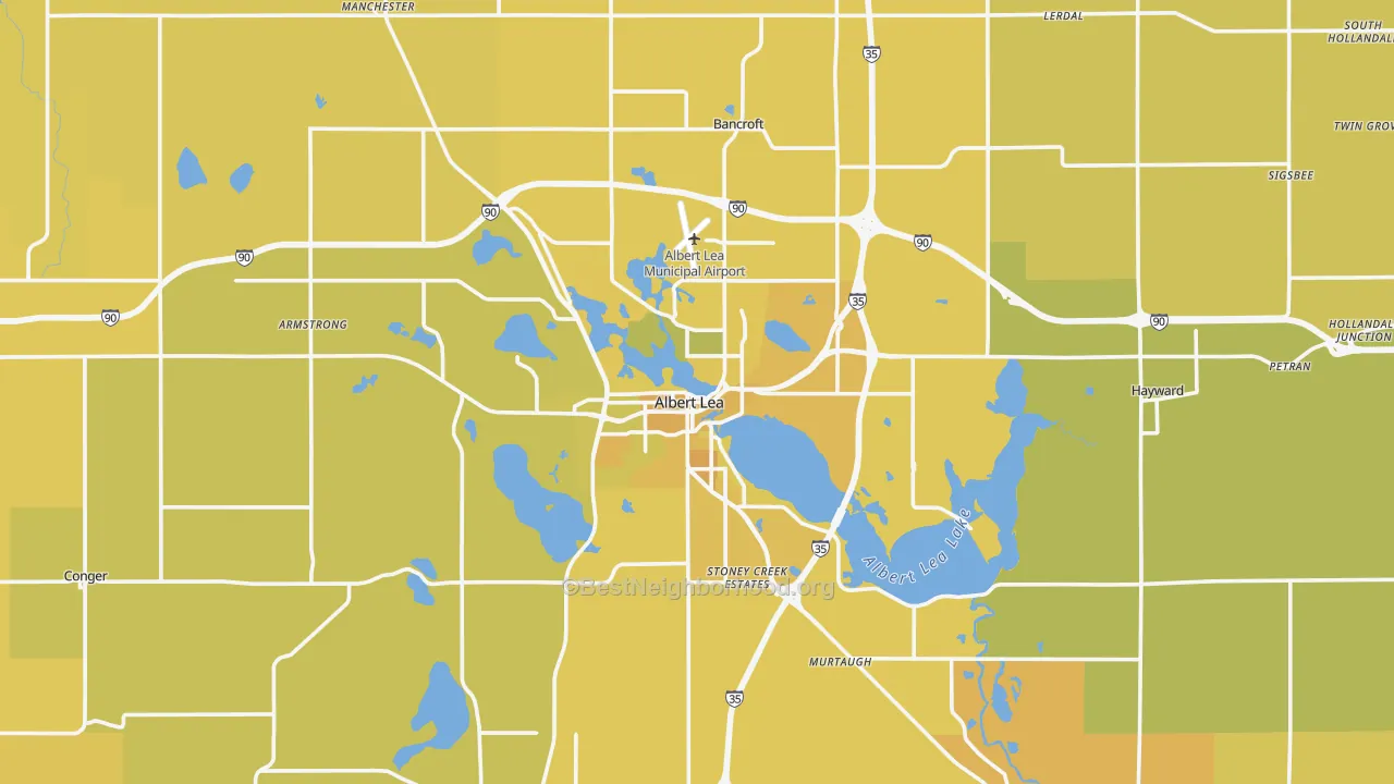 Map of the best neighborhoods in the 56007 area, with better matches in green and worse matches in red