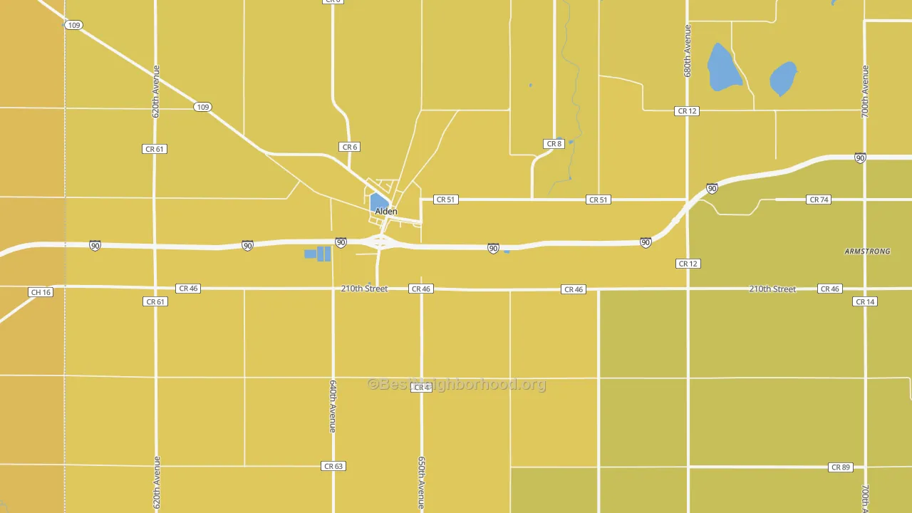 Map of the best neighborhoods in the 56009 area, with better matches in green and worse matches in red