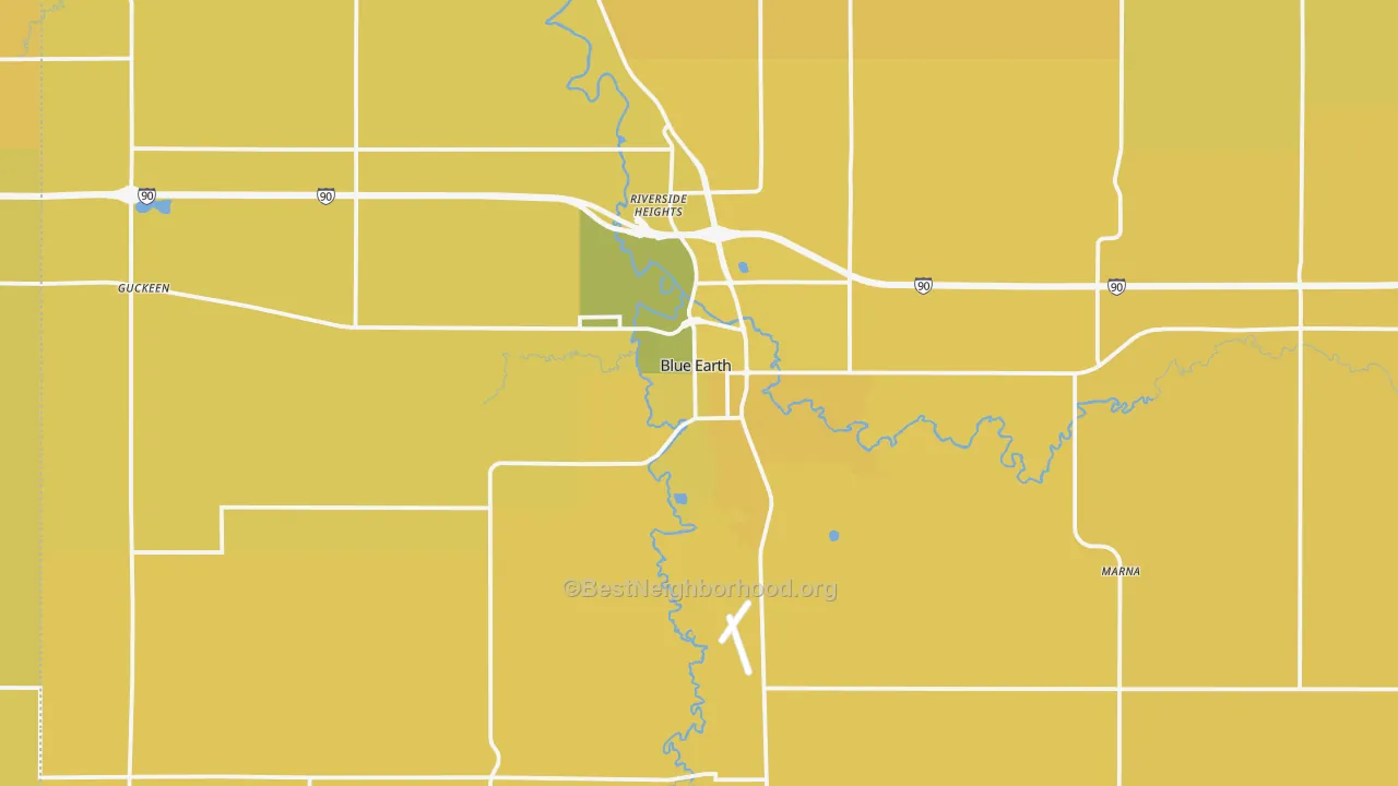 Map of the best neighborhoods in the 56013 area, with better matches in green and worse matches in red