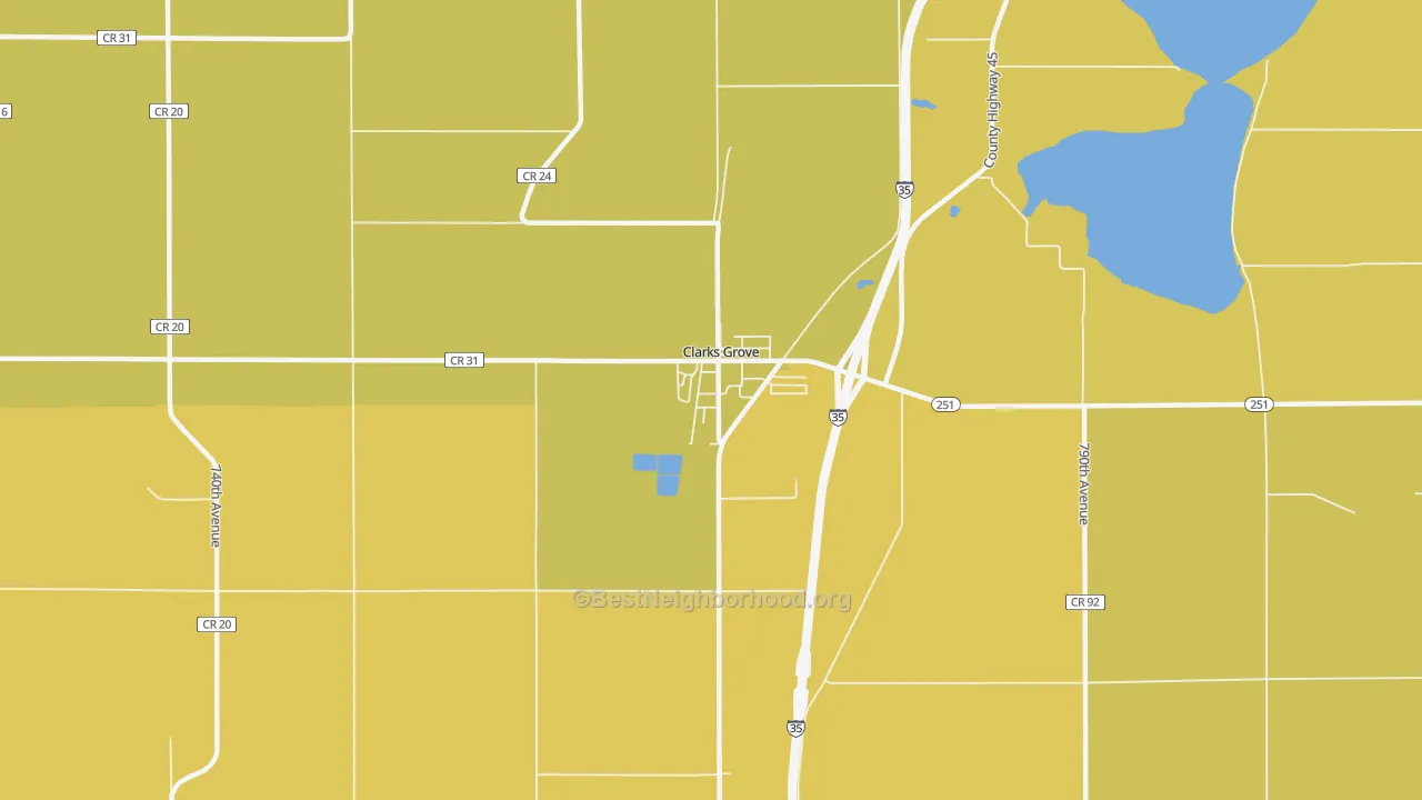 Map of the best neighborhoods in the 56016 area, with better matches in green and worse matches in red