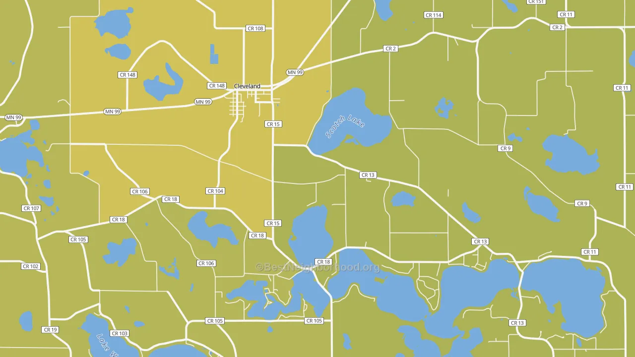 Map of the best neighborhoods in the 56017 area, with better matches in green and worse matches in red