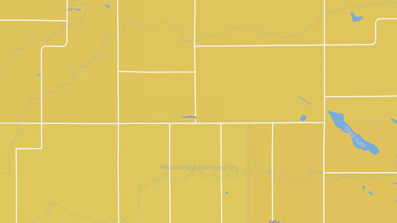 Map of the best neighborhoods in the 56019 area, with better matches in green and worse matches in red