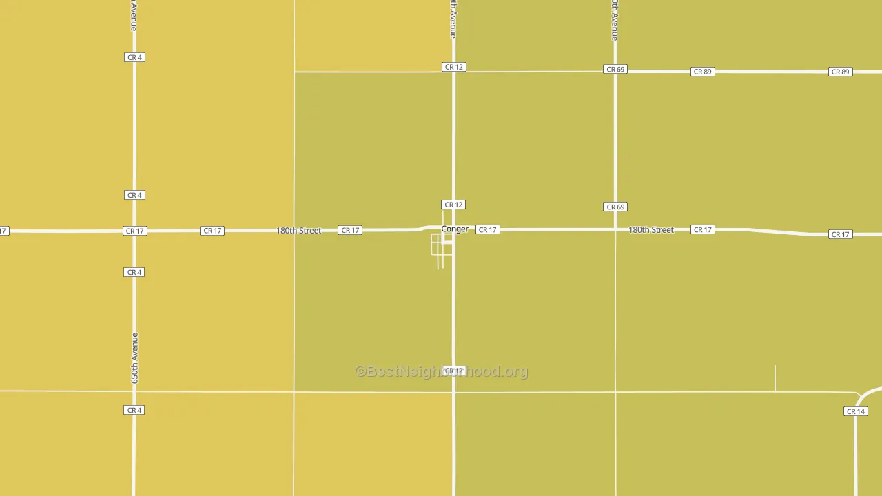 Map of the best neighborhoods in the 56020 area, with better matches in green and worse matches in red