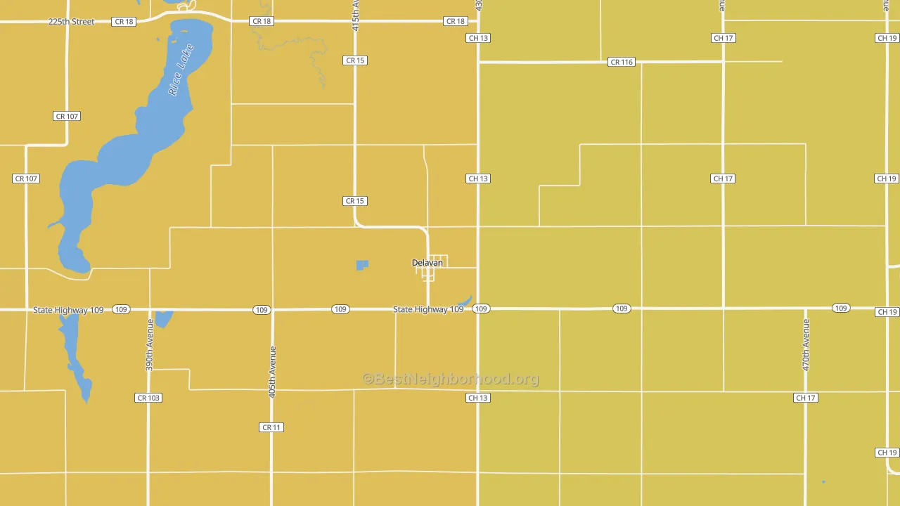 Map of the best neighborhoods in the 56023 area, with better matches in green and worse matches in red
