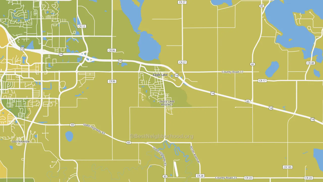 Map of the best neighborhoods in the 56024 area, with better matches in green and worse matches in red