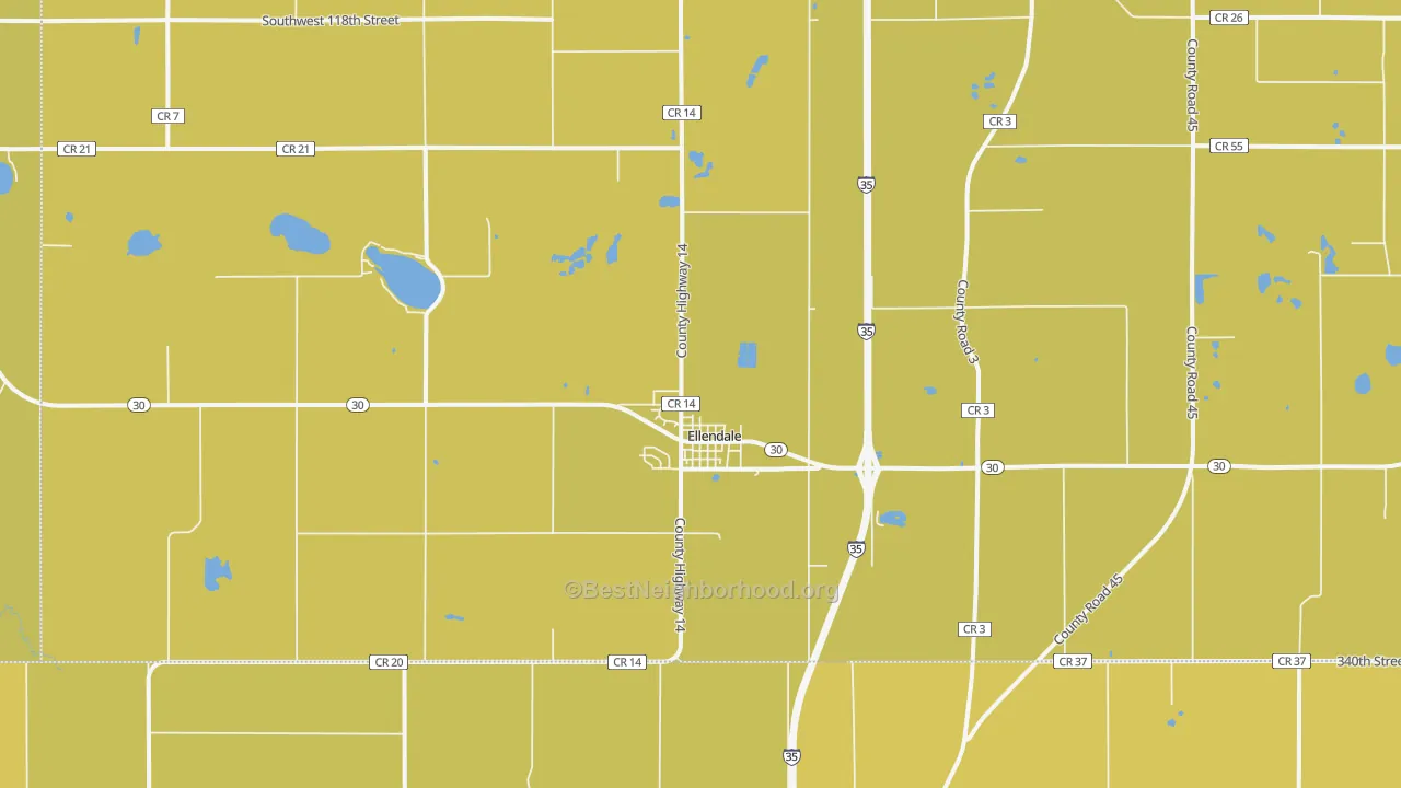 Map of the best neighborhoods in the 56026 area, with better matches in green and worse matches in red