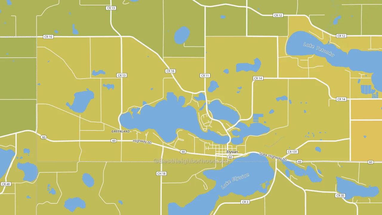 Map of the best neighborhoods in the 56028 area, with better matches in green and worse matches in red