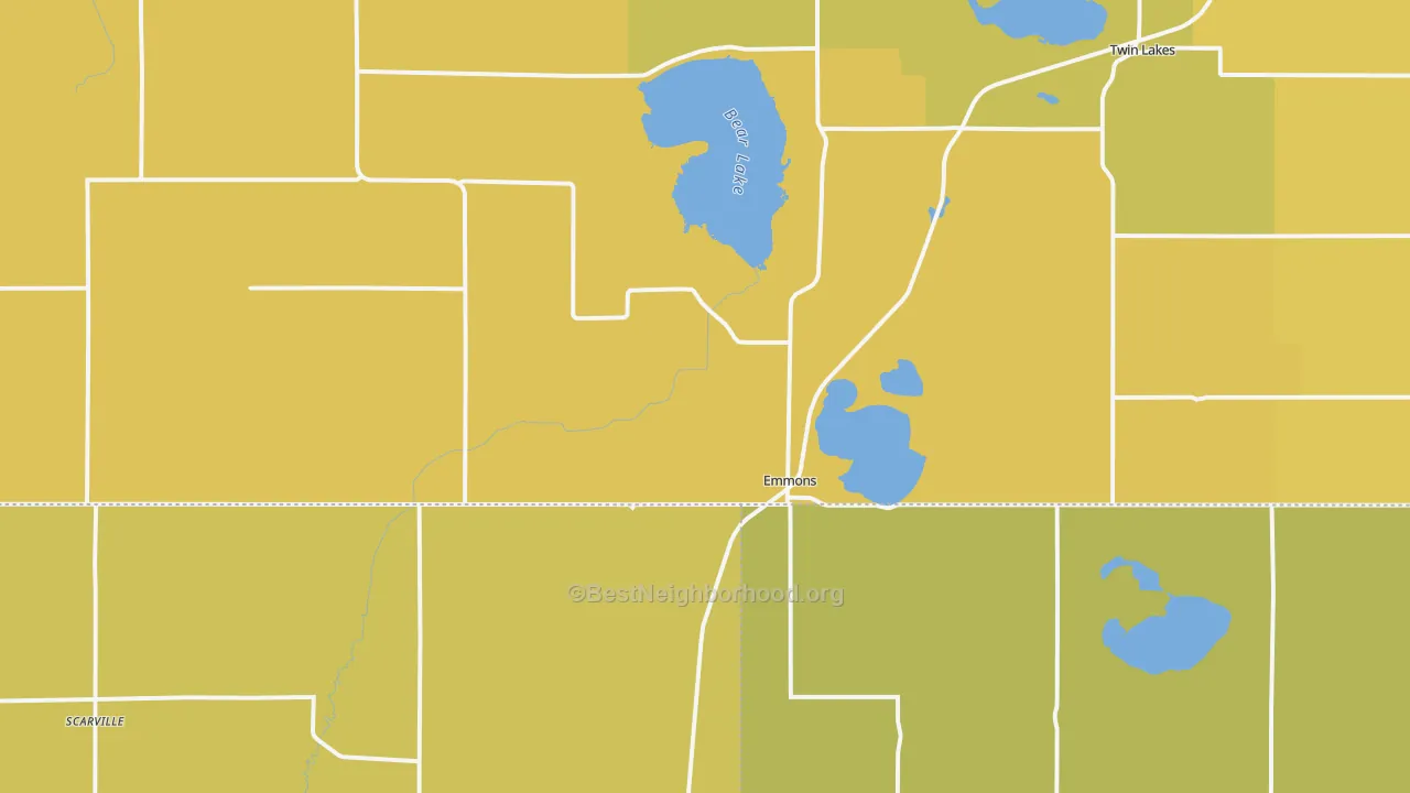 Map of the best neighborhoods in the 56029 area, with better matches in green and worse matches in red