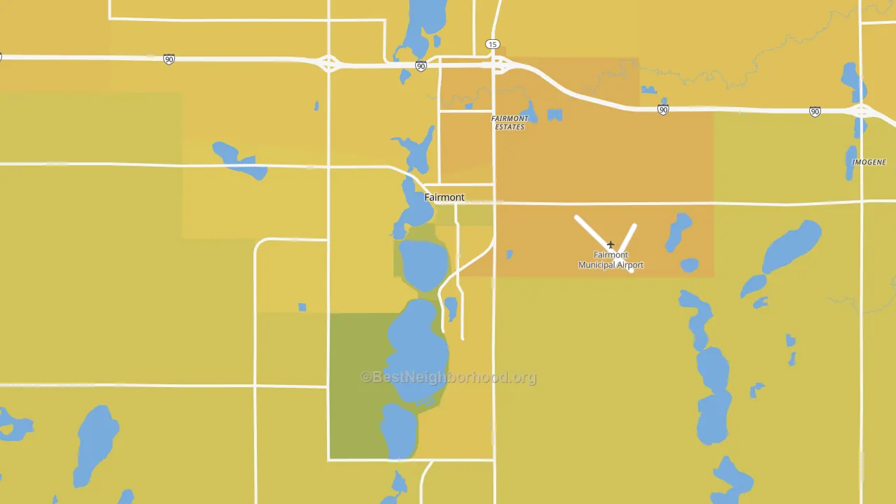 Map of the best neighborhoods in the 56031 area, with better matches in green and worse matches in red