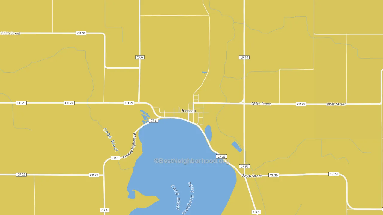 Map of the best neighborhoods in the 56032 area, with better matches in green and worse matches in red