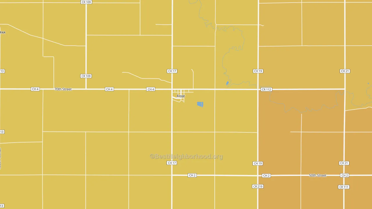 Map of the best neighborhoods in the 56033 area, with better matches in green and worse matches in red