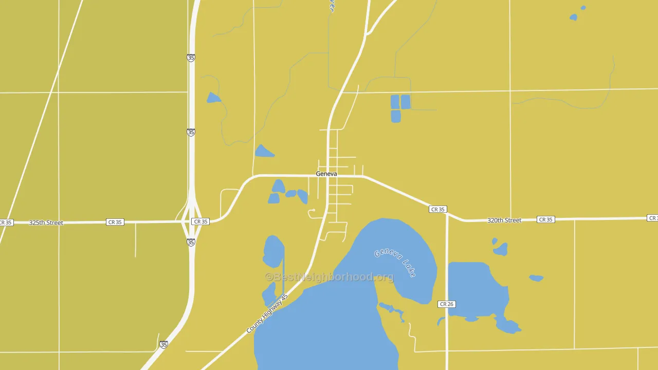 Map of the best neighborhoods in the 56035 area, with better matches in green and worse matches in red