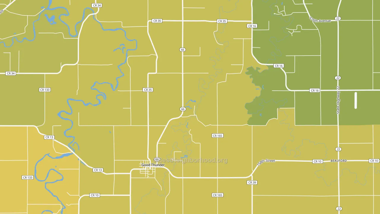 Map of the best neighborhoods in the 56037 area, with better matches in green and worse matches in red