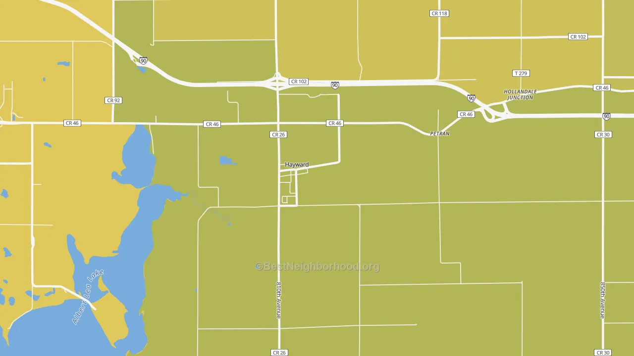 Map of the best neighborhoods in the 56043 area, with better matches in green and worse matches in red