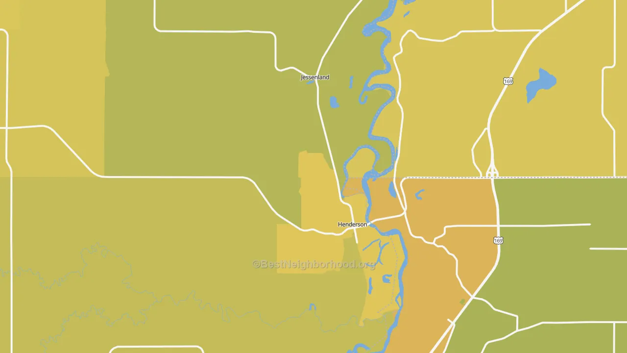 Map of the best neighborhoods in the 56044 area, with better matches in green and worse matches in red