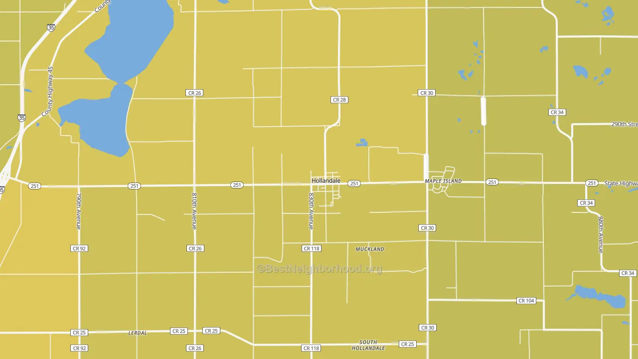 Map of the best neighborhoods in the 56045 area, with better matches in green and worse matches in red
