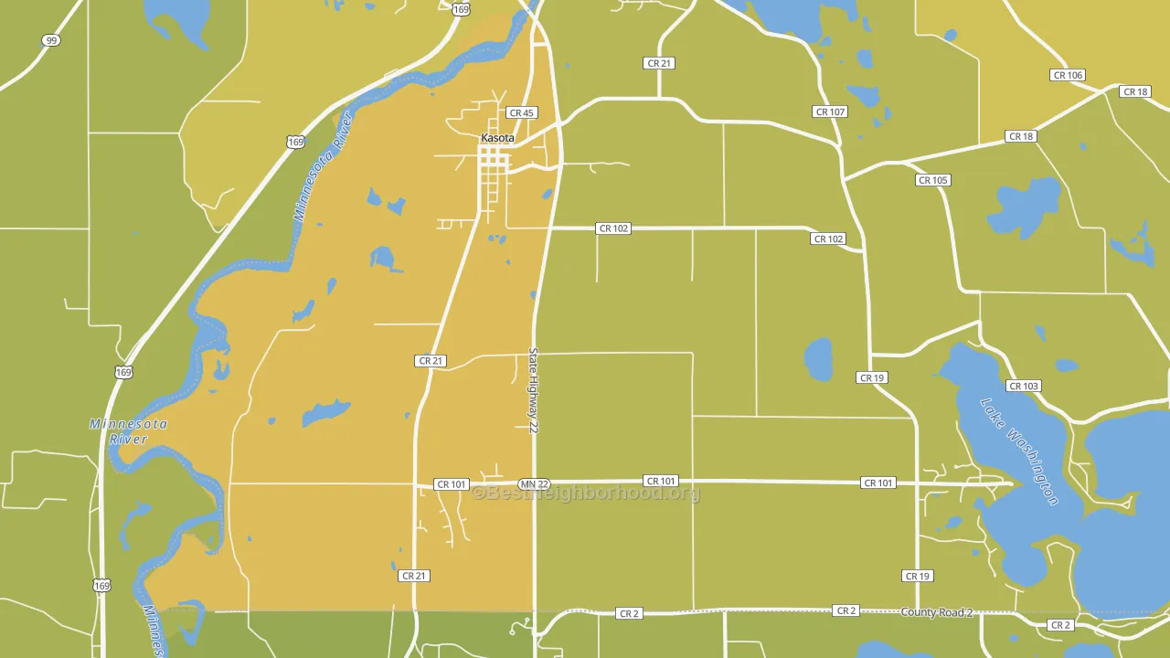 Map of the best neighborhoods in the 56050 area, with better matches in green and worse matches in red