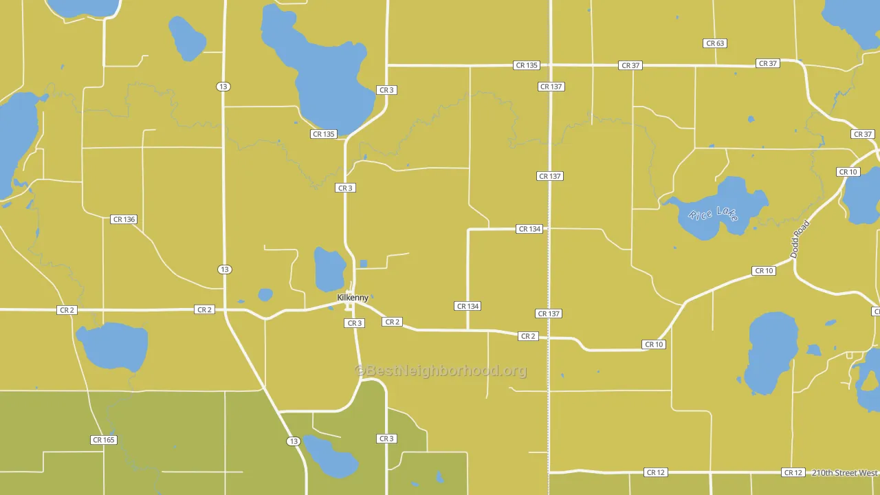 Map of the best neighborhoods in the 56052 area, with better matches in green and worse matches in red