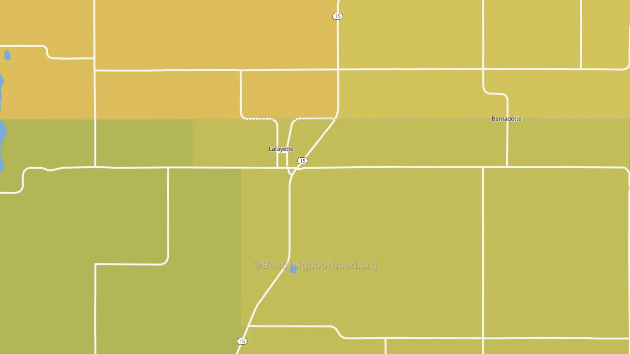 Map of the best neighborhoods in the 56054 area, with better matches in green and worse matches in red
