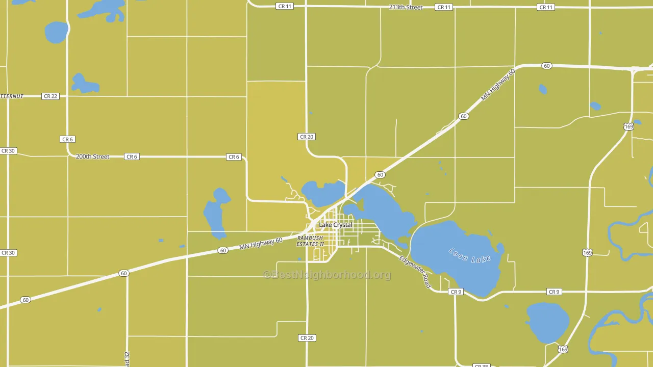 Map of the best neighborhoods in the 56055 area, with better matches in green and worse matches in red