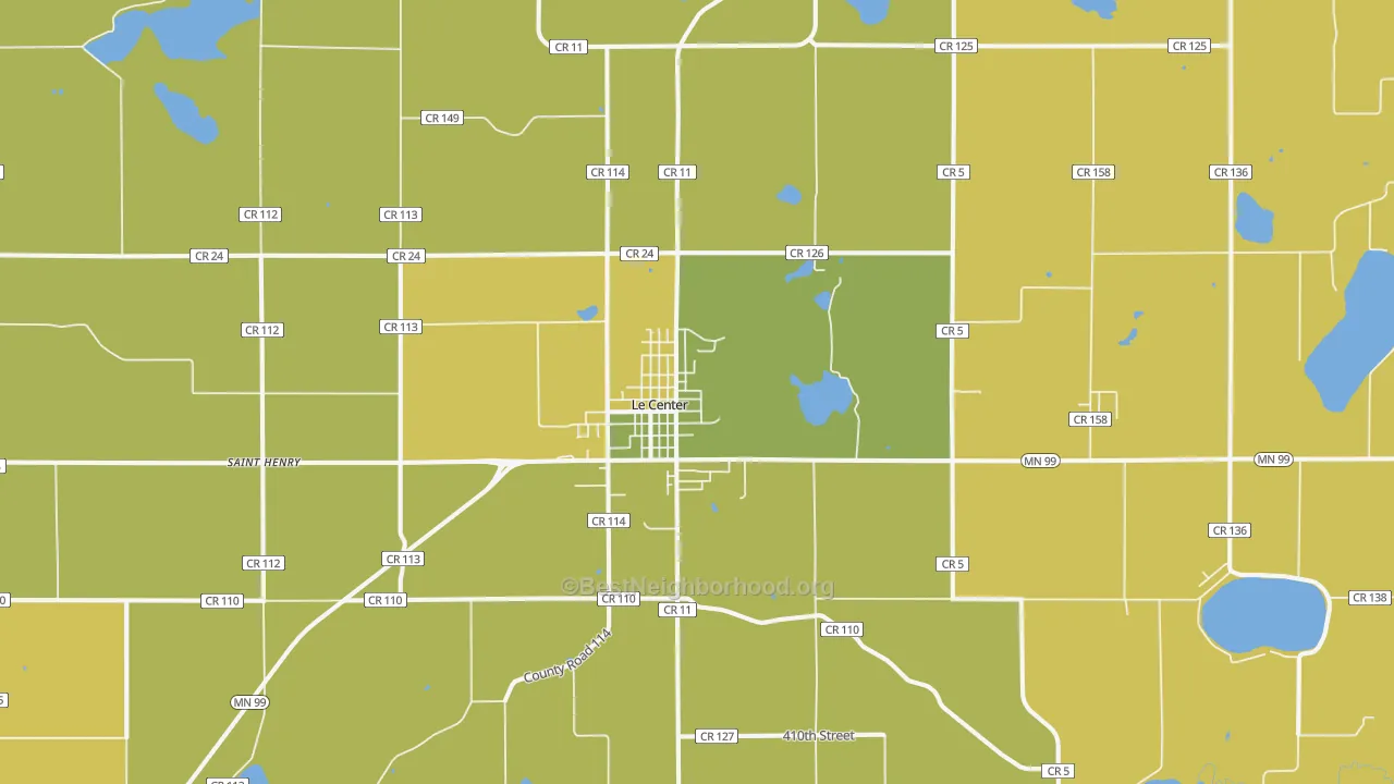 Map of the best neighborhoods in the 56057 area, with better matches in green and worse matches in red