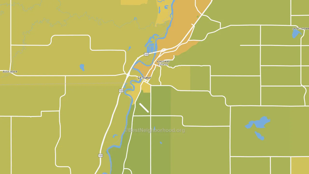 Map of the best neighborhoods in the 56058 area, with better matches in green and worse matches in red