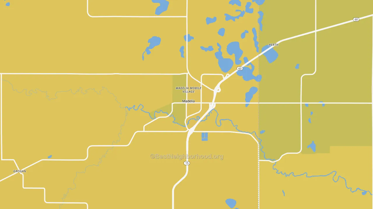 Map of the best neighborhoods in the 56062 area, with better matches in green and worse matches in red