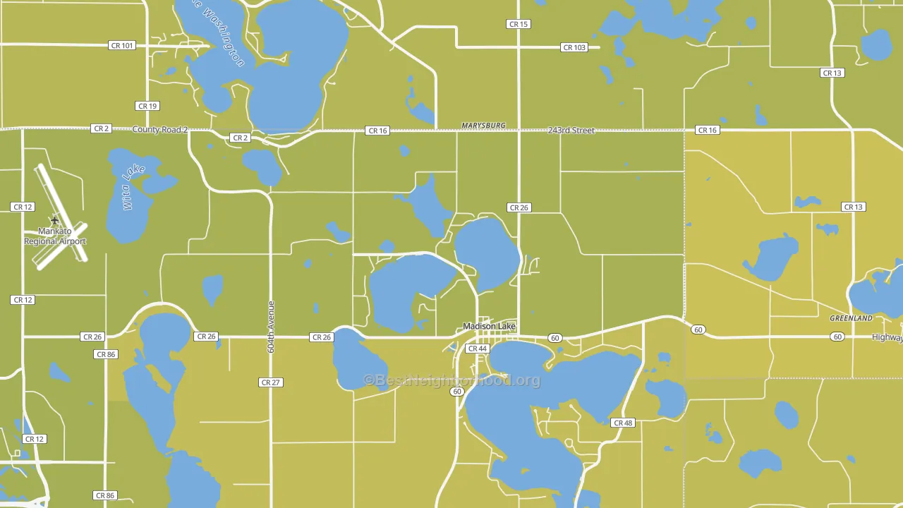 Map of the best neighborhoods in the 56063 area, with better matches in green and worse matches in red