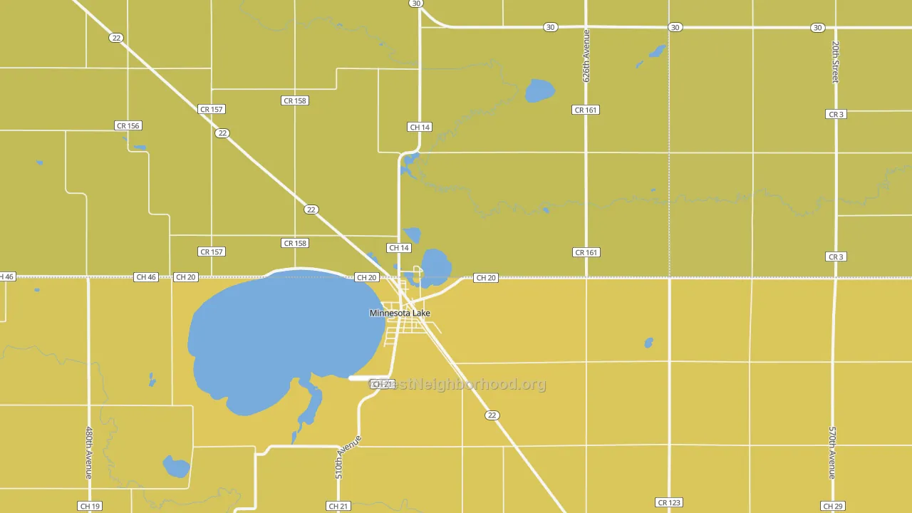 Map of the best neighborhoods in the 56068 area, with better matches in green and worse matches in red