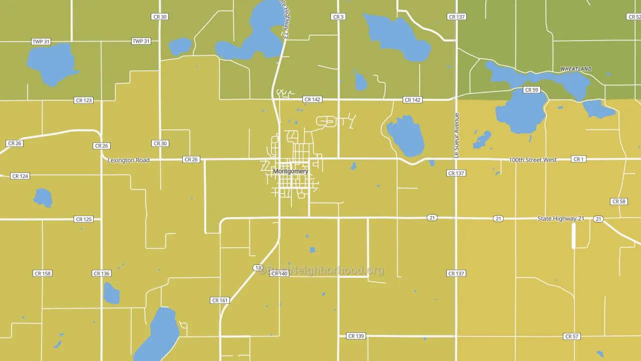 Map of the best neighborhoods in the 56069 area, with better matches in green and worse matches in red