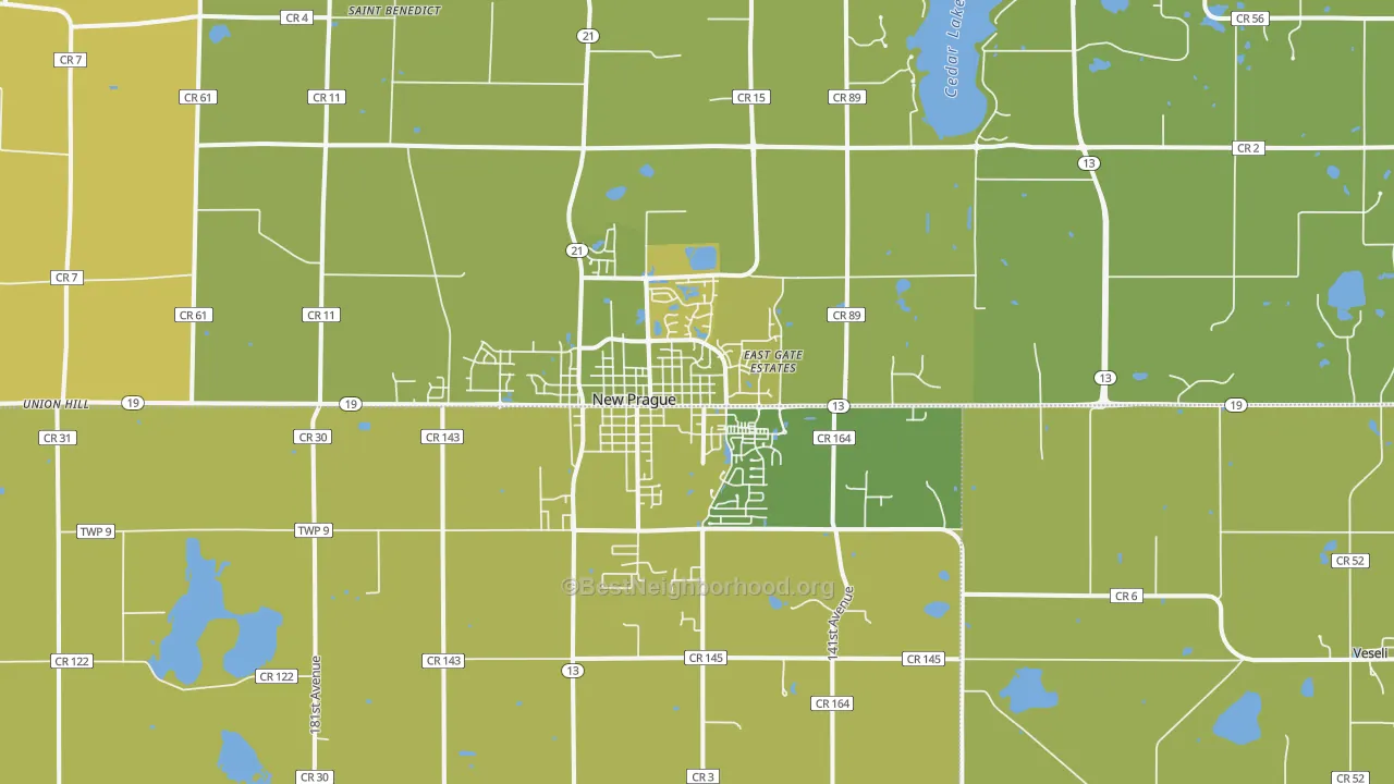 Map of the best neighborhoods in the 56071 area, with better matches in green and worse matches in red