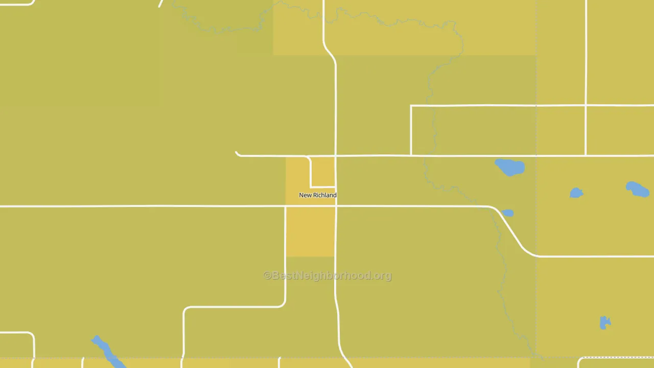 Map of the best neighborhoods in the 56072 area, with better matches in green and worse matches in red