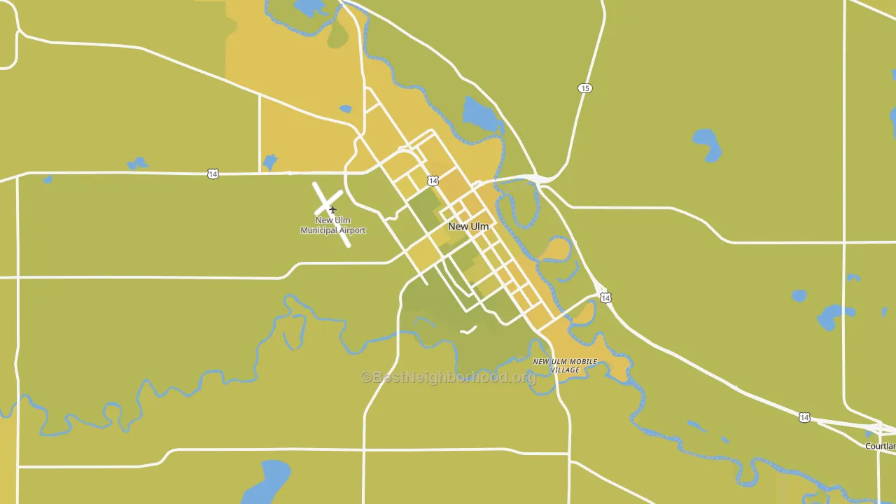 Map of the best neighborhoods in the 56073 area, with better matches in green and worse matches in red