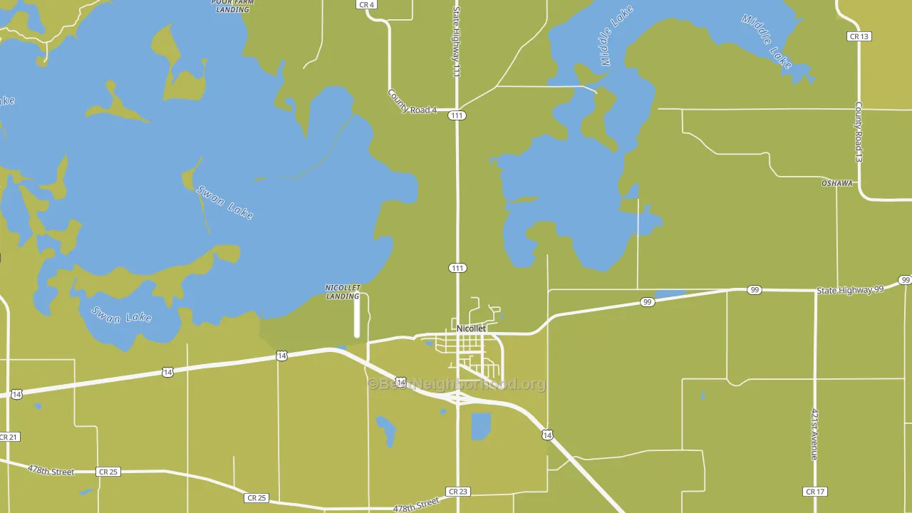 Map of the best neighborhoods in the 56074 area, with better matches in green and worse matches in red