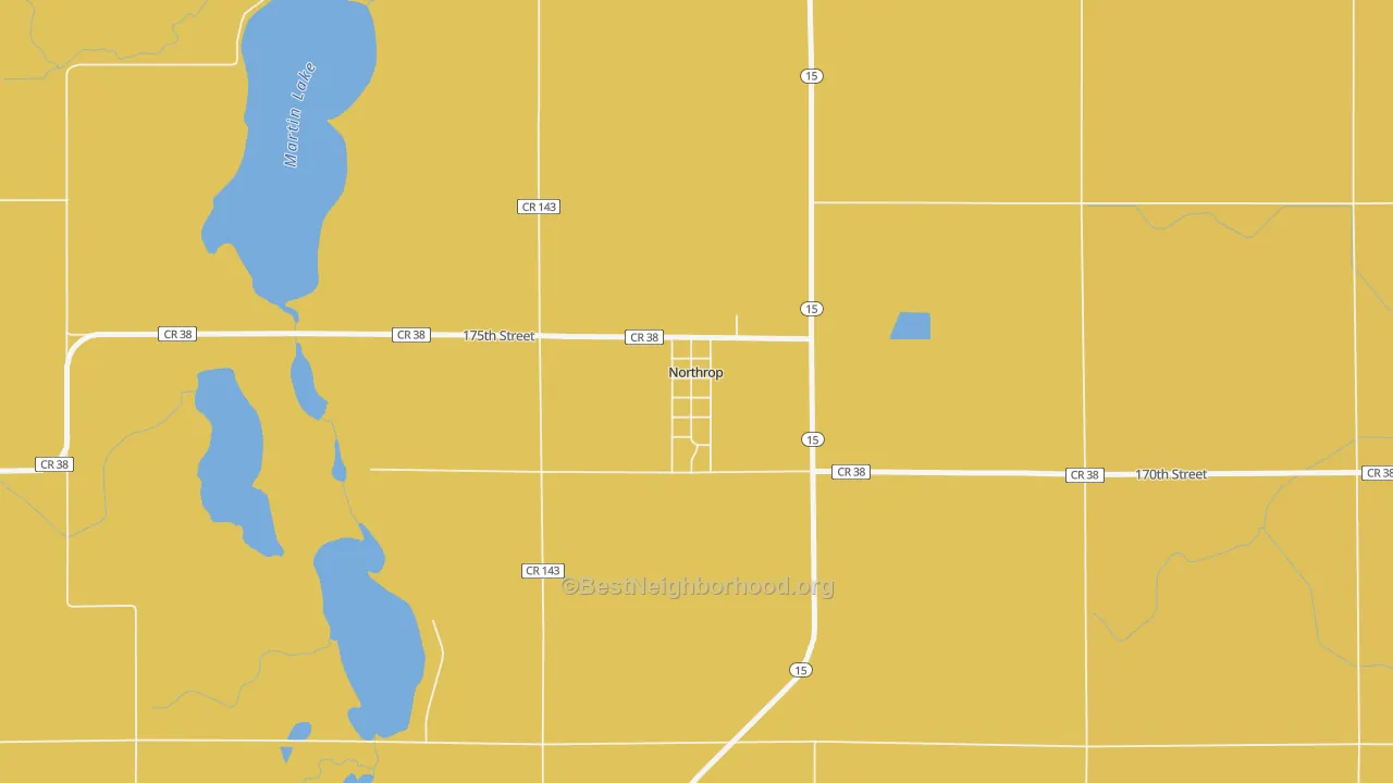 Map of the best neighborhoods in the 56075 area, with better matches in green and worse matches in red