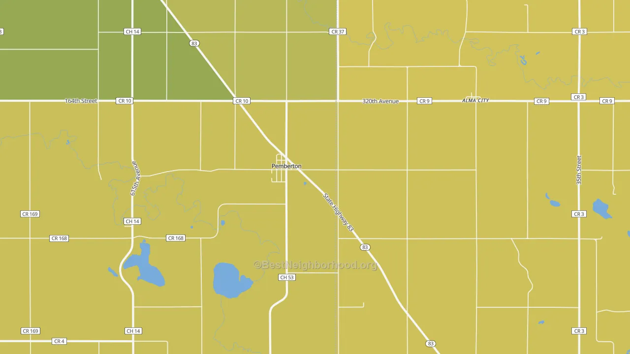 Map of the best neighborhoods in the 56078 area, with better matches in green and worse matches in red