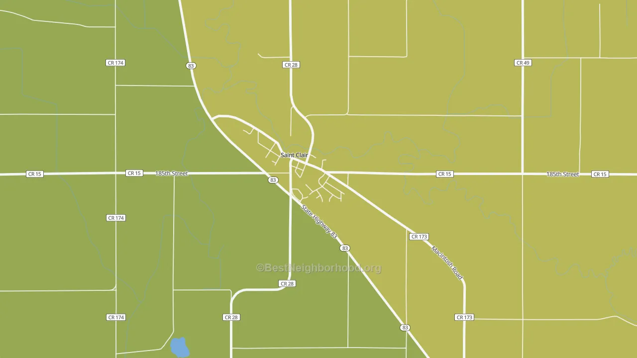 Map of the best neighborhoods in the 56080 area, with better matches in green and worse matches in red