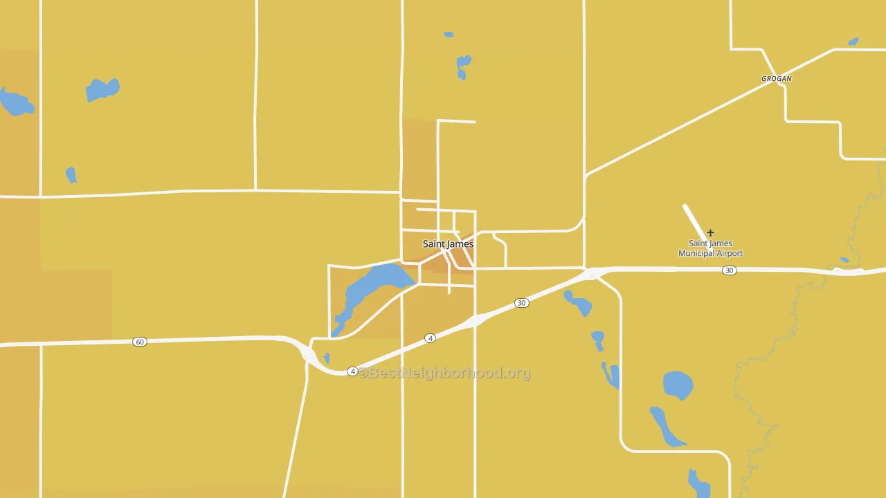 Map of the best neighborhoods in the 56081 area, with better matches in green and worse matches in red